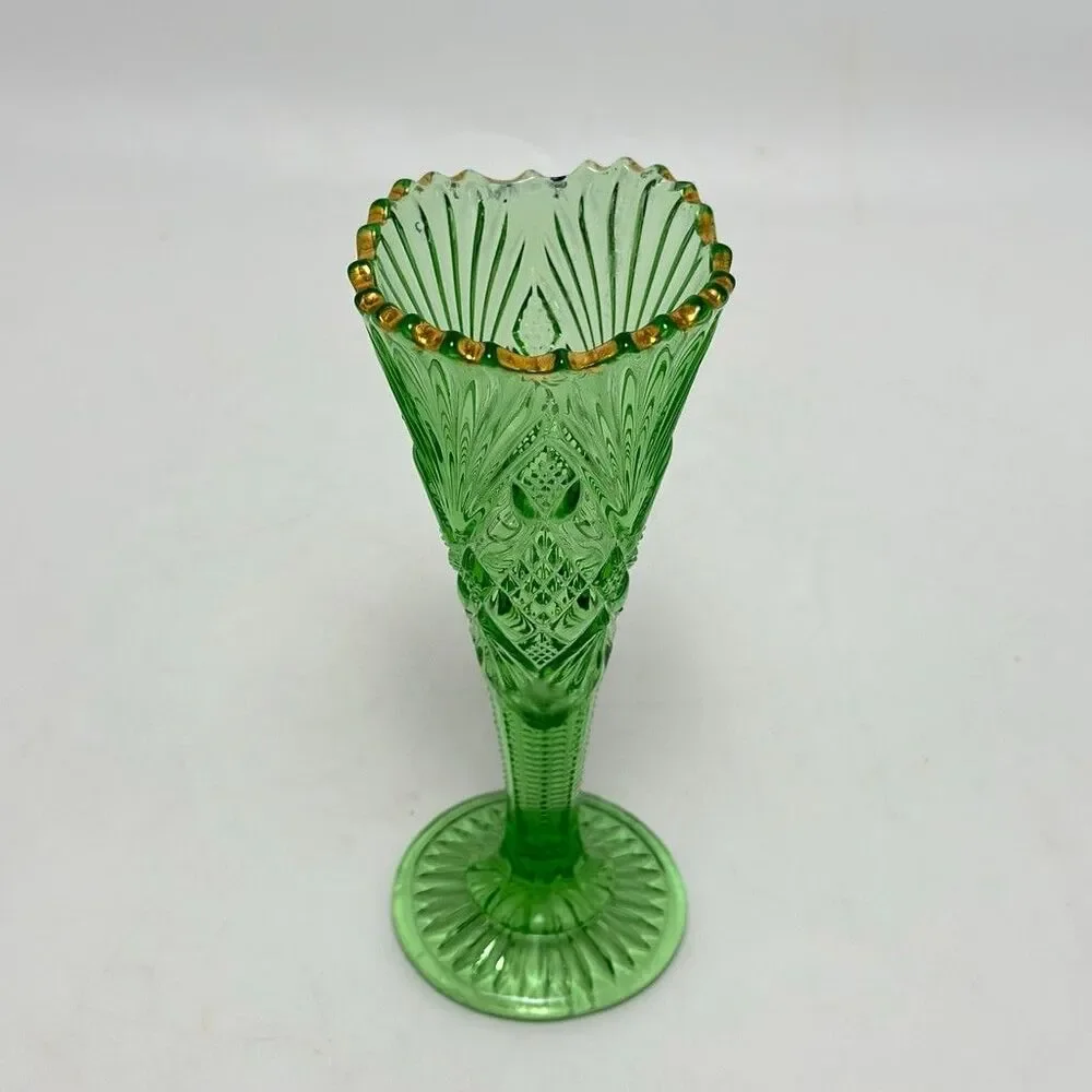 Early American Pattern Glass EAPG Greentown Glass Trumpet Emerald Green Bud Vase